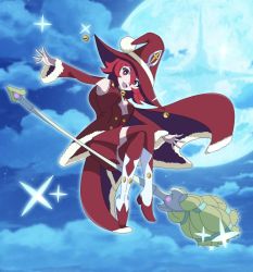 Rule 34 | 1girl, armpits, bell, broom, broom riding, cape, christmas, full body, fur trim, hat, highres, jingle bell, little witch academia, looking at viewer, moon, open mouth, red eyes, red hair, shiny chariot, showers-u, sky, solo, witch hat