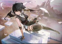 Rule 34 | 1girl, boots, feathers, mountain, mountainous horizon, official art, parkour, rover (wuthering waves), solo, solo focus, thigh boots, thighhighs, thighhighs under boots, wuthering waves