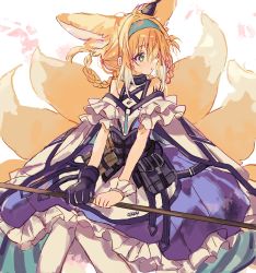 Rule 34 | 1girl, animal ears, arknights, bare shoulders, blonde hair, blue hairband, commentary, dress, fox ears, fox girl, fox tail, frilled dress, frills, gloves, green eyes, hairband, highres, holding, holding staff, infection monitor (arknights), material growth, multiple tails, namiharuru, oripathy lesion (arknights), single glove, solo, staff, suzuran (arknights), tail