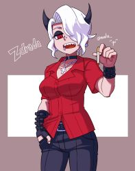Rule 34 | 1girl, belt, black horns, black pants, breasts, brown background, buttons, character name, choker, cigarette, collared shirt, cowboy shot, cross, earrings, eyeshadow, gloves, hair over one eye, helltaker, hida naria, highres, holding, holding cigarette, horns, jewelry, lip piercing, looking at viewer, makeup, medium breasts, necklace, nose piercing, open mouth, pants, piercing, red eyes, red shirt, sharp teeth, shirt, short hair, short sleeves, single glove, solo, teeth, twitter username, untucked shirt, white hair, wristband, zdrada (helltaker)