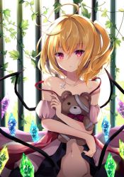 Rule 34 | 1girl, ahoge, babydoll, bandage over one eye, blonde hair, blush, cross, cross necklace, crystal, expressionless, flandre scarlet, groin, hyurasan, iron bars, jewelry, looking at viewer, navel, necklace, one side up, plant, red eyes, solo, strap slip, stuffed animal, stuffed toy, teddy bear, touhou, wings