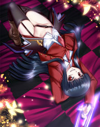 Rule 34 | 00s, 1girl, aogiri penta, black hair, bottomless, bug, butterfly, fingernails, grin, groin, highres, insect, long fingernails, long hair, looking at viewer, lucifer (umineko), lying, necktie, pink necktie, red eyes, shoes, single shoe, slit pupils, smile, solo, stakes of purgatory, thighhighs, umineko no naku koro ni, upside-down