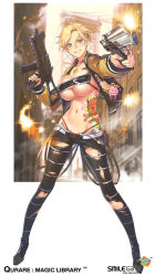 Rule 34 | &gt;:), 1girl, bandaid, bandaid on face, bandeau, blonde hair, blush, breasts, brown panties, cropped jacket, firing, green eyes, grin, gun, handgun, hip focus, holding, holding gun, holding weapon, jacket, large breasts, legs apart, long sleeves, looking at viewer, navel, official art, open clothes, open jacket, panties, pants, parted lips, popqn, qurare magic library, revolver, short hair, smile, solo, standing, submachine gun, sukajan, suspenders, tattoo, tight clothes, tight pants, torn clothes, torn pants, underwear, v-shaped eyebrows, very short hair, weapon