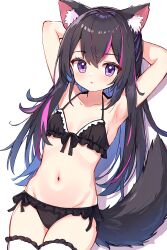 Rule 34 | 1girl, animal ear fluff, animal ears, armpits, arms behind head, arms up, auto ins, bare arms, black bra, black hair, black panties, bow, bow bra, bra, breasts, collarbone, cowboy shot, expressionless, fox ears, fox girl, fox tail, frilled bra, frilled panties, frilled thighhighs, frills, hair between eyes, highres, light blush, long hair, looking at viewer, multicolored hair, navel, original, panties, parted lips, pink hair, purple eyes, side-tie panties, small breasts, solo, stomach, streaked hair, tail, thighhighs, two-tone hair, underwear, underwear only, white background, white thighhighs