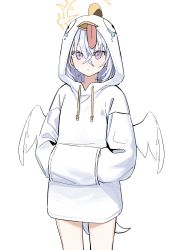 Rule 34 | 1girl, absurdres, angel wings, azusa (blue archive), blue archive, closed mouth, feathered wings, halo, hands in pocket, highres, hood, hood down, hood up, hoodie, long hair, looking at viewer, low wings, peroro (blue archive), pink eyes, simple background, syhan, tears, tongue, tongue out, white background, white hair, white hoodie, white wings, wings