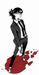 Rule 34 | 1girl, bad proportions, belt, black hair, blood, blood on clothes, chainsaw man, cross, cross earrings, earrings, formal, full body, gun, hand in pocket, highres, holding, holding gun, holding weapon, jewelry, long sleeves, necktie, pool of blood, simple background, solo, standing, suit, tomonaku, weapon, white background