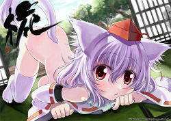 Rule 34 | 1girl, all fours, animal ears, bad id, bad pixiv id, blush, detached sleeves, dutch angle, female focus, hat, inubashiri momiji, kitahara tomoe (kitahara koubou), nude, red eyes, short hair, silver hair, solo, staring, tail, thighhighs, tokin hat, top-down bottom-up, touhou, white thighhighs, wolf ears, wolf tail
