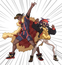 Rule 34 | 2boys, argyle, arm up, baseball cap, black footwear, black hoodie, borrowed clothes, cape, charizard pose, claw pose, closed mouth, commentary request, creatures (company), dark-skinned male, dark skin, earrings, emphasis lines, facial hair, fur-trimmed cape, fur trim, game freak, hands up, hat, headband, highres, hood, hoodie, jewelry, korean commentary, leggings, leon (pokemon), long hair, male focus, multiple boys, nintendo, open mouth, orange headband, pokemon, pokemon swsh, purple hair, raihan (pokemon), red cape, redlhzz, shirt, shoes, short hair, short shorts, short sleeves, shorts, side slit, side slit shorts, smile, teeth, w, white background, white legwear, white shorts, yellow eyes