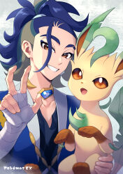 Rule 34 | 1boy, absurdres, adaman (pokemon), black shirt, blue coat, blue hair, blurry, brown eyes, coat, collar, collarbone, commentary request, copyright name, creatures (company), eyebrow cut, game freak, gen 4 pokemon, grin, hand up, hand wraps, highres, holding, holding pokemon, leafeon, long hair, looking at viewer, maki (letusgomaki), male focus, nintendo, pokemon, pokemon (creature), pokemon legends: arceus, pokemon masters ex, ponytail, shirt, smile, teeth, w