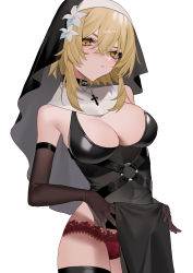 Rule 34 | 1girl, :t, absurdres, alternate costume, arm behind back, bebe (bebe pp), belt, black choker, black veil, blonde hair, boots, breasts, choker, cleavage, clothes lift, commentary request, cross, cross necklace, dress, dress lift, flower, genshin impact, habit, hair between eyes, hair flower, hair ornament, highres, holding own arm, jewelry, lace, lace-trimmed panties, lace trim, latin cross, lifting own clothes, lingerie, lumine (genshin impact), medium breasts, medium hair, necklace, nun, o-ring, o-ring belt, panties, pout, red panties, simple background, solo, thighhighs, underwear, veil, white background, yellow eyes