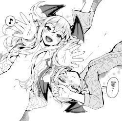 Rule 34 | 1boy, 1girl, :d, bat wings, blush, bottomless, breasts, closed mouth, fingernails, foreshortening, granblue fantasy, greyscale, hair over breasts, hair over one breast, half-closed eyes, head wings, kosuke orz, long hair, long sleeves, looking at viewer, lying, monochrome, musical note, naked shirt, navel, nipples, on back, open clothes, open mouth, open shirt, out-of-frame censoring, pointy ears, reaching, reaching towards viewer, shirt, small breasts, smile, spoken musical note, translation request, uvula, vampy, veight, wings