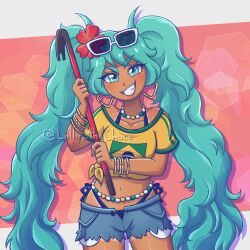 1girl aqua_eyes aqua_hair bead_choker belly_chain bikini bracelet brazil brazilian_flag brazilian_flag_print brazilian_miku check_commentary commentary commentary_request crowbar dark-skinned_female dark_skin earrings english_commentary exposed_pocket eyewear_on_head flower gold_earrings grin hair_flower hair_ornament hatsune_miku highres holding holding_crowbar jewelry lollothechoco long_hair mixed-language_commentary multiple_bracelets navel portuguese_commentary rectangular_earrings shirt shorts shorts_tan smile solo sunglasses swimsuit tan tanline tanline_peek twintails vocaloid white-framed_eyewear yellow_shirt