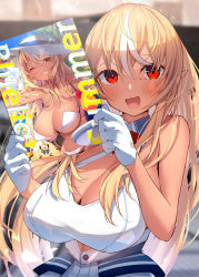 Rule 34 | 1girl, :d, bad id, bad pixiv id, blonde hair, blush, breasts, cleavage cutout, clothing cutout, comiket 100, criss-cross halter, dark-skinned female, dark skin, elf, gloves, halter shirt, halterneck, highres, holding, holding magazine, holding manga, hololive, large breasts, long hair, looking at viewer, magazine (object), manga (object), multicolored hair, nidaime (doronbo), open mouth, pointy ears, red eyes, shiranui flare, shiranui flare (1st costume), shirt, sleeveless, sleeveless shirt, smile, solo, streaked hair, virtual youtuber, white gloves, white shirt