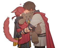 Rule 34 | 2boys, adventurer (ff14), animal ears, black gloves, black scarf, blush, braid, braided ponytail, brown hair, brown shirt, cape, cat boy, cat ears, cat tail, closed eyes, cowboy shot, facial hair, facing another, ffxivys, final fantasy, final fantasy xiv, fingerless gloves, from side, g&#039;raha tia, gloves, heart, hug, hyur, kiss, male focus, miqo&#039;te, multiple boys, profile, red cape, red hair, scarf, shirt, short hair, short ponytail, simple background, smile, standing, stubble, stuffed animal, stuffed toy, tail, tail raised, teddy bear, warrior of light (ff14), white background, yaoi