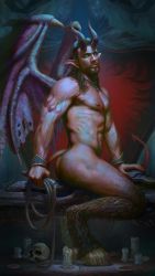 Rule 34 | 1boy, abs, absurdres, ass, bara, beard, body fur, candle, chens art, colored skin, completely nude, curled horns, dark, demon boy, demon horns, demon tail, demon wings, facial hair, faux traditional media, highres, horns, horse legs, looking at viewer, male focus, mature male, monster boy, moonlight, muscular, muscular male, nipples, no pupils, nude, original, pectorals, pointy ears, realistic, red skin, rope, short hair, sitting, skull, solo, stomach, tail, tail raised, thick thighs, thighs, warcraft, wings, world of warcraft
