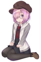 Rule 34 | 1girl, :o, aged down, black-framed eyewear, black dress, black pantyhose, boots, brown footwear, cabbie hat, collared shirt, dress, fate/grand order, fate (series), full body, glasses, hair over one eye, hat, hood, hoodie, jpeg artifacts, kanikou, long sleeves, looking at viewer, mash kyrielight, necktie, open clothes, open hoodie, open mouth, pantyhose, purple eyes, purple hair, red necktie, shirt, short dress, short hair, simple background, sitting, solo, tareme, wariza, white background, white shirt