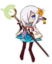 Rule 34 | 1girl, animal ears, black footwear, black thighhighs, blue eyes, blue sky, blush, boots, bridal gauntlets, brown flower, closed mouth, commentary request, ear tag, etrian odyssey, flower, full body, hair flower, hair ornament, hair over one eye, hands up, highres, holding, holding staff, long sleeves, looking at viewer, mystic (sekaiju), naga u, sekaiju no meikyuu, sekaiju no meikyuu 4, silver hair, simple background, sky, solo, staff, standing, thigh boots, thighhighs, white background, wide sleeves