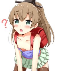 Rule 34 | 10s, 1girl, ?, aged down, aikawa ryou, alternate costume, aqua eyes, backpack, bag, bare shoulders, bent over, black thighhighs, blush, breasts, brown hair, brown thighhighs, collarbone, downblouse, female focus, green skirt, hair between eyes, highres, kantai collection, kumano (kancolle), long hair, looking at viewer, no bra, open mouth, ponytail, randoseru, shiny skin, shirt, simple background, skirt, solo, spread legs, standing, thighhighs, white background