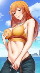 Rule 34 | 1girl, bare shoulders, belt, blue sky, breasts, brown belt, cityscape, cleavage, cloud, commission, crop top, day, denim, female masturbation, grabbing, grabbing another&#039;s breast, hand in panties, hand on own chest, highres, jeans, jewelry, joy (shenmue), long hair, looking at viewer, looking down, masturbation, medium breasts, midriff, navel, necklace, ocean, open belt, open pants, orange hair, outdoors, panties, pants, parted lips, pink panties, rojen, second-party source, sega, shenmue, shenmue ii, shenmue the animation, sidelocks, sky, smile, solo, standing, underwear, unzipped, water