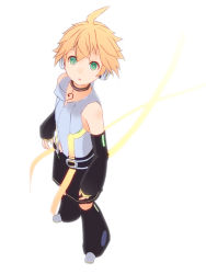 Rule 34 | 1boy, :o, bare shoulders, bass clef, belt, black legwear, black shorts, black sleeves, blonde hair, bloom, d futagosaikyou, detached sleeves, foreshortening, from above, full body, headphones, hip gear, kagamine len, kagamine len (append), leg warmers, looking at viewer, looking up, male focus, parted lips, pendant choker, shirt, shorts, sleeveless, sleeveless shirt, solo, spiked hair, standing, vocaloid, vocaloid append, white background, white footwear, white shirt