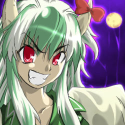Rule 34 | &gt;:d, 1girl, :d, collarbone, evil grin, evil smile, ex-keine, fangs, female focus, full moon, glowing, green hair, grin, head tilt, horn ornament, horn ribbon, horns, kamishirasawa keine, long hair, looking at viewer, lowres, messy hair, moon, multicolored hair, night, open mouth, outdoors, ribbon, smile, solo, teeth, touhou, two-tone hair, upper body, v-shaped eyebrows, white hair