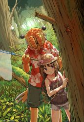 Rule 34 | &gt;:(, 1girl, anomalocaris, beetle, black shirt, blue shorts, braid, brown eyes, brown hair, bug, butterfly net, closed mouth, clothes writing, collared shirt, creepy, dutch angle, english text, frown, hair ornament, hairclip, hand net, hat, hawaiian shirt, highres, holding, insect, original, outdoors, personification, plant, red shirt, shirt, shorts, sleeveless, sleeveless shirt, standing, sun hat, tree, v-shaped eyebrows, wing collar, yuuki koutarou