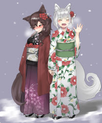 Rule 34 | 2girls, :d, ^ ^, alternate costume, animal ears, blush, breasts, breath, brown hair, closed eyes, closed mouth, embarrassed, facing viewer, fang, floral print, flower, full body, geta, grey background, hair flower, hair ornament, hand up, highres, holding hands, imaizumi kagerou, inubashiri momiji, japanese clothes, kimono, long hair, long sleeves, looking away, matinmorgen, medium breasts, multiple girls, nose blush, obi, open mouth, print kimono, purple kimono, red eyes, sash, short hair, silver hair, simple background, smile, snow, snowing, standing, sweat, tabi, tail, touhou, waving, white kimono, wide sleeves, wolf ears, wolf tail, yukata