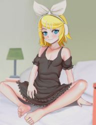 Rule 34 | 1girl, aruman, bare shoulders, barefoot, black dress, blonde hair, blue eyes, blurry, blurry background, blush, closed mouth, collarbone, dress, fang, feet, female focus, flat chest, foot focus, full body, hair ornament, hairband, hairclip, happy, headphones, highres, indian style, indoors, kagamine rin, lamp, looking at viewer, nail polish, on bed, pillow, shiny skin, short hair, short sleeves, sitting, smile, solo, spread legs, vocaloid, white hairband, yellow nails