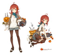 Rule 34 | 10s, 1girl, 2016, ahoge, alternate costume, arashi (kancolle), arm support, autumn, autumn leaves, basket, black pantyhose, blouse, blue scarf, boots, brown eyes, cannon, character name, collarbone, copyright name, egg, eyebrows, food, fruit, full body, grey eyes, hair ornament, hand on own hip, high heel boots, high heels, highres, jack-o&#039;-lantern, jacket, kantai collection, leaf, leaf hair ornament, long hair, looking at viewer, looking to the side, malachite, maple leaf, multiple views, pantyhose, persimmon, pumpkin, red hair, scarf, searchlight, shirt, short shorts, shorts, simple background, sitting, smile, smoke, standing, torn clothes, torn legwear, torpedo, white background, yokozuwari