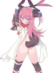 Rule 34 | 1girl, armor, armored boots, ass, bikini armor, black thighhighs, blade (galaxist), blue eyes, blush, boots, bottomless, cape, closed mouth, commentary request, curled horns, dragon girl, dragon horns, dragon tail, earrings, elizabeth bathory (brave) (fate), elizabeth bathory (fate), fate/grand order, fate (series), hair between eyes, hair ribbon, horns, hugging own tail, hugging tail, jewelry, knee boots, long hair, looking at viewer, looking back, oversized clothes, pauldrons, pink hair, pointy ears, purple ribbon, red armor, red footwear, ribbon, shoulder armor, simple background, solo, standing, tail, tail raised, tail wrap, thighhighs, tiara, two side up, vambraces, very long hair, white background, white cape