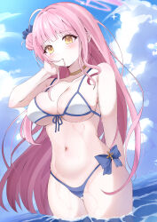 Rule 34 | 1girl, absurdres, bikini, blue archive, blush, breasts, cleavage, closed mouth, collarbone, cowboy shot, day, hair bun, halo, highres, large breasts, long hair, mika (blue archive), nyawoo, ocean, outdoors, pink hair, pink halo, single side bun, solo, swimsuit, water, wet, white bikini, yellow eyes