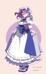 Rule 34 | 10s, 1girl, 2016, artist name, closed mouth, clothes lift, curtsey, dated, dress, dress lift, frills, full body, hair between eyes, hat, head tilt, highres, lifted by self, long sleeves, mob cap, namauni, pink eyes, pink hair, saigyouji yuyuko, sandals, short hair, simple background, skirt hold, smile, solo, standing, tabi, touhou, triangular headpiece, white legwear
