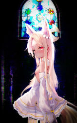 Rule 34 | 1girl, animal ears, bare shoulders, blonde hair, blue archive, breasts, commentary request, cowboy shot, detached sleeves, dress, fox ears, fox tail, glitch, h.yasai, halo, highres, long hair, looking at viewer, red eyes, seia (blue archive), sideless outfit, sleeveless, sleeveless dress, sleeves past wrists, slit pupils, small breasts, solo, stained glass, tail, white dress, window