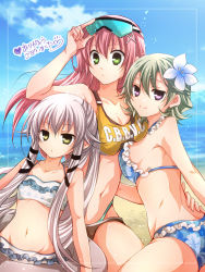 Rule 34 | 3girls, alternate costume, altina orion, ass, asymmetrical docking, beach, bikini, breast press, breasts, cleavage, closed mouth, cloud, collarbone, day, eiyuu densetsu, eyebrows, falcom, female focus, floral print, flower, flower on head, framed, frilled bikini, frills, green eyes, green hair, grey hair, hair between eyes, hair ornament, hand on another&#039;s back, heart, highres, holding, japanese text, juna crawford, long hair, looking at viewer, multiple girls, musse egret, navel, ocean, official alternate costume, outdoors, pink hair, purple eyes, sen no kiseki, sen no kiseki iii, sen no kiseki iv, short hair, sky, smile, stomach, sunglasses, sunglasses on head, swimsuit, x hair ornament