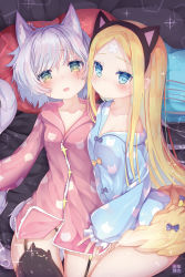 Rule 34 | 2girls, abigail williams (fate), absurdres, animal ears, bare shoulders, black bow, black panties, blonde hair, blue eyes, blue pajamas, blush, bow, breasts, cat ears, cat hair ornament, cat tail, collarbone, commentary request, fake animal ears, fate/grand order, fate (series), green eyes, grey hair, hair ornament, highres, jack the ripper (fate/apocrypha), long hair, looking at viewer, lying, multiple girls, on back, orange bow, pajamas, panties, parted bangs, pink pajamas, scar, scar across eye, scar on face, short hair, small breasts, smile, star (symbol), tail, thighhighs, underwear, zuzi sotusko