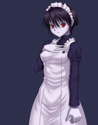 Rule 34 | 1girl, atlus, black hair, blue skin, colored skin, devil summoner, hand on another&#039;s chest, hand on own chest, maid, mary (soul hackers), pale skin, red eyes, shin megami tensei, short hair, solo, soul hackers, syunzou