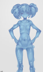 Rule 34 | 1girl, blush, breasts, censored, closed eyes, grin, hands on own hips, highres, meolucky147, monster girl, no nipples, short hair, slime girl, small breasts, smile, solo, teeth, twintails
