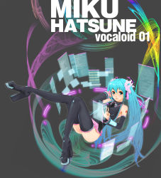 Rule 34 | 1girl, aqua eyes, aqua hair, boots, detached sleeves, female focus, hatsune miku, headset, high heel boots, high heels, highres, holographic interface, holographic monitor, long hair, necktie, s&#039;ty, shoes, solo, thigh boots, thighhighs, twintails, very long hair, vocaloid