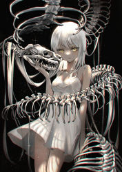 Rule 34 | 1girl, arm at side, black background, bone, breasts, closed mouth, commentary request, dress, feet out of frame, hand up, highres, long hair, looking at viewer, marutani, medium breasts, monster, original, simple background, skeleton, sleeveless, solo, spaghetti strap, very long hair, white dress, white hair, yellow eyes