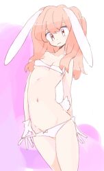 1girl 3: animal_ears arm_behind_back bare_arms breasts closed_mouth collarbone cowboy_shot dot_nose floppy_ears gloves groin head_tilt long_hair looking_at_viewer lowleg midriff mokeo navel orange_hair original pale_color panties pink_background pulling_own_clothes rabbit_ears rabbit_girl rabbit_tail red_eyes skindentation small_breasts solo standing stomach strap_pull strapless tail two_side_up underboob underwear white_gloves white_panties white_tail