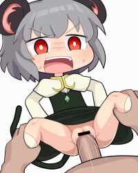 Rule 34 | 1boy, 1girl, animal ears, bar censor, blush, bright pupils, capelet, censored, clothed sex, commentary, cookie (touhou), crystal, flat chest, grey hair, grey skirt, grey vest, hetero, hospital king, jewelry, leg grab, long sleeves, medium bangs, mouse ears, mouse girl, mouse tail, nazrin, no panties, nyon (cookie), open mouth, pendant, penis, pussy, red eyes, sex, shirt, short hair, simple background, skirt, skirt set, socks, solo focus, tail, textless version, touhou, v-shaped eyebrows, vaginal, vest, white background, white capelet, white pupils, white shirt, white socks