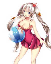 Rule 34 | 1girl, absurdres, alternate breast size, bad id, bad pixiv id, ball, beachball, breasts, cleavage, covered navel, fate/grand order, fate (series), hair ornament, hat, highres, huruneko1014, long hair, marie antoinette (swimsuit caster) (first ascension) (fate), medium breasts, open mouth, silver hair, solo, swimsuit, twintails