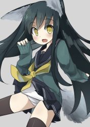 Rule 34 | 1girl, abarabone, absurdres, animal ears, black hair, black skirt, black thighhighs, blush, commentary request, fang, grey background, highres, long hair, looking at viewer, neckerchief, one-piece swimsuit, open mouth, original, pleated skirt, school swimsuit, school uniform, serafuku, simple background, skirt, sleeves past wrists, smile, solo, sweater, swimsuit, tail, thighhighs, thighs, white one-piece swimsuit, white school swimsuit, yellow eyes, yellow neckerchief