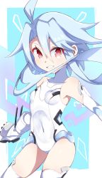 Rule 34 | 1girl, absurdres, ahoge, bare shoulders, blue hair, blush, breasts, elbow gloves, gloves, hair between eyes, highres, leotard, light blue hair, looking at viewer, neptune (series), power symbol, power symbol-shaped pupils, red eyes, shimeji wyvern, short hair with long locks, small breasts, smile, solo, symbol-shaped pupils, thighhighs, white gloves, white heart (neptunia), white leotard