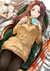 Rule 34 | 1girl, :d, alternate costume, black pantyhose, book, brown eyes, brown hair, half updo, highres, holding, holding book, iapoc, jintsuu (kancolle), kantai collection, long hair, long sleeves, open mouth, pantyhose, sitting, smile, solo, sweater, yellow sweater