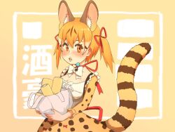 Rule 34 | 1girl, animal costume, animal ear fluff, animal ears, bow, bowtie, brown eyes, brown hair, cat ears, cat girl, cat tail, extra ears, highres, kemono friends, kemono friends v project, large-spotted genet (kemono friends), long hair, looking at viewer, microphone, open mouth, ribbon, shirt, simple background, skirt, solo, suspenders, tail, twintails, virtual youtuber, y0whqzz8bkslezl
