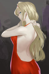 Rule 34 | 1girl, backless dress, backless outfit, blonde hair, blue eyes, breasts, dress, earrings, ex-trident, from behind, hair behind ear, hairband, highres, holding, holding own hair, jewelry, layla alstroemeria, long hair, medium breasts, nijisanji, nijisanji id, red dress, red hairband, solo, virtual youtuber