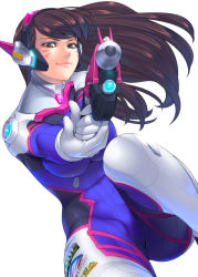 Rule 34 | 1girl, aiming, aiming at viewer, blue bodysuit, bodysuit, breasts, brown eyes, brown hair, clothes writing, d.va (overwatch), facepaint, facial mark, finger on trigger, foreshortening, gloves, gun, handgun, headphones, high collar, holding, holding gun, holding weapon, ken19941028, light smile, long hair, looking at viewer, medium breasts, overwatch, overwatch 1, pilot suit, pink lips, pistol, ribbed bodysuit, shoulder pads, simple background, skin tight, solo, swept bangs, weapon, whisker markings, white background, white gloves