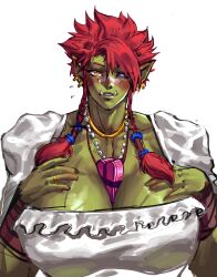 Rule 34 | 1509virgoart, 1girl, absurdres, bandaid, bandaid on face, bandaid on nose, black sclera, blush, braid, breasts, cassandra (virgoart1509), colored sclera, colored skin, dress, earrings, female orc, green skin, heterochromia, highres, huge breasts, jewelry, looking at viewer, mismatched sclera, necklace, orc, original, pointy ears, purple eyes, red hair, ring, simple background, tusks, twin braids, upper body, white background, white dress, yellow eyes