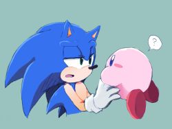 Rule 34 | 1boy, ?, animal ears, animal nose, aqua background, blue eyes, blue fur, blue hair, blush, blush stickers, body fur, carrying, cropped torso, crossover, eye contact, furry, furry male, gloves, green eyes, half-closed eyes, hand up, highres, kirby, kirby (series), long hair, looking at another, male focus, miwa (ahyuck), nintendo, open mouth, simple background, sketch, solid oval eyes, sonic (series), sonic the hedgehog, speech bubble, spiked hair, spoken question mark, two-tone fur, upper body, white gloves, yellow fur